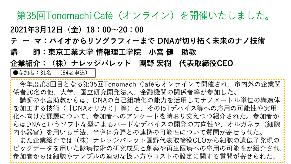 第35回Tonomachi Caféオンラインversion 開催しました